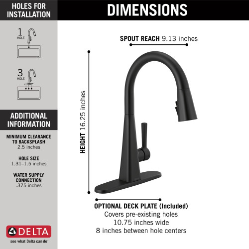 Delta 19802Z-BL-DST Lenta Single Handle Pull Down Kitchen Faucet, Matte Black