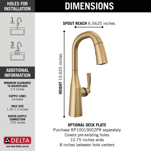 9976-CZ-PR-DST Stryke Single Handle Pull Down Bar or Prep Faucet, Lumicoat Champagne Bronze