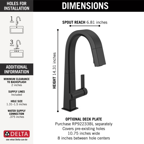9993-BL-DST Pivotal Single Handle Pull Down Bar or Prep Faucet, Matte Black