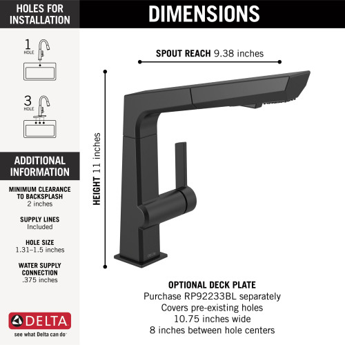Delta 4193-BL-DST Pivotal Single Handle Pull Out Kitchen Faucet, Matte Black