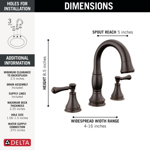 3597-RBPD-DST Cassidy Two Handle Widespread Pull Down Bathroom Faucet, Venetian Bronze