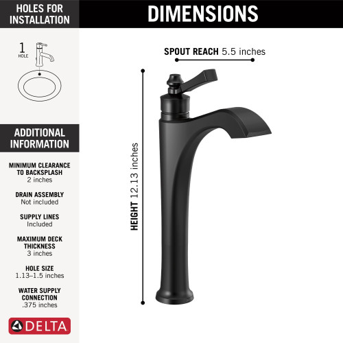 756-BL-DST Dorval Single Handle Vessel Bathroom Faucet, Matte Black