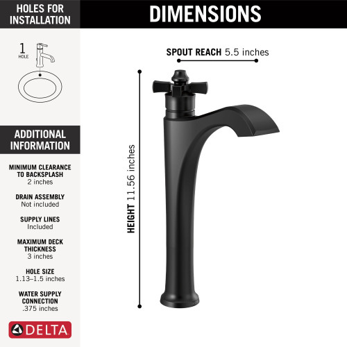 757-BL-DST Dorval Single Handle Vessel Bathroom Faucet, Matte Black