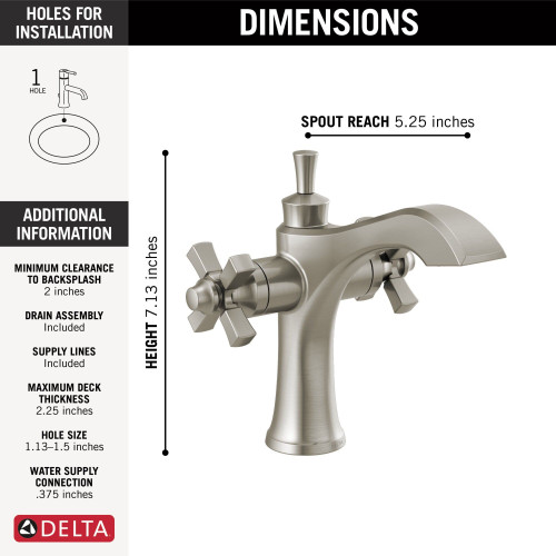 857-SS-DST Dorval Two Handle Single Hole Monoblock Bathroom Faucet, Stainless