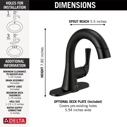 Delta 533LF-BLPDMPU Kayra Single Handle Pull Down Bathroom Faucet, Matte Black