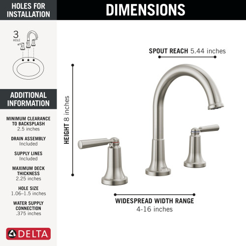 3535-SSMPU-DST SAYLOR Two Handle Widespread Bathroom Faucet, Stainless