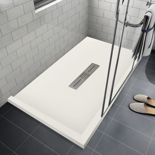 FZSDT6332C-32 Trimslate 63-in x 32-in Shower Base with Adjustable Double Threshold and Center Drain, Cameo