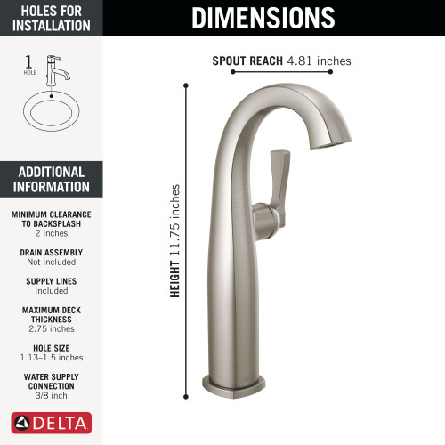 777-SS-PR-DST Stryke 6.44-in x 4.38-in x 11.75-in Single Handle Vessel Bathroom Faucet, Lumicoat Stainless