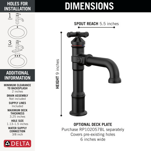 687-BL-DST Broderick 7.13-in x 2.00-in x 9.00-in Single Handle Bathroom Faucet, Matte Black