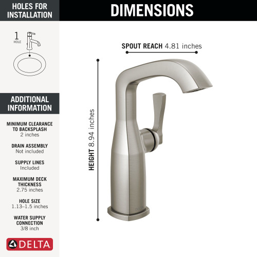 676-SS-PR-DST Stryke 4.38-in x 6.56-in x 8.94-in Single Handle Mid-Height Bathroom Faucet, Lumicoat Stainless