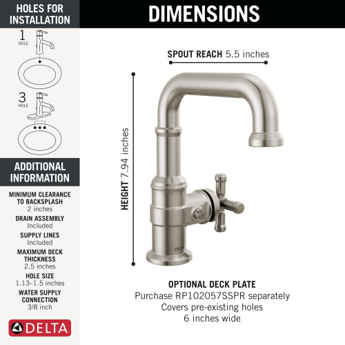 Delta 587SH-SS-PR-DST Broderick 7.13-in x 2.00-in x 7.94-in Single Handle Bathroom Faucet, Lumicoat Stainless
