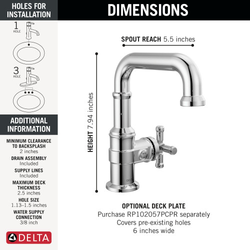 Delta 587SH-PR-DST Broderick 7.13-in x 2.00-in x 7.94-in Single Handle Bathroom Faucet, Lumicoat Chrome