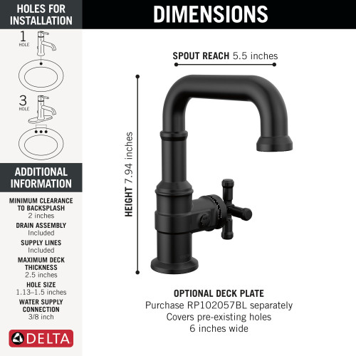 Delta 587SH-BL-DST Broderick 7.13-in x 2.00-in x 7.94-in Single Handle Bathroom Faucet, Matte Black