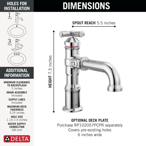 Delta 587-PR-DST Broderick 7.13-in x 2.00-in x 7.50-in Single Handle Bathroom Faucet, Lumicoat Chrome