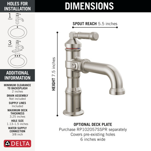 Delta 584-SS-PR-LPU-DST Broderick 7.13-in x 2.00-in x 7.56-in Single Handle Bathroom Faucet, Lumicoat Stainless