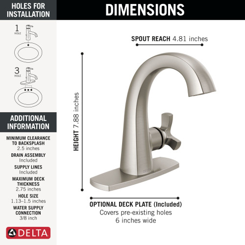 Delta 5776-SS-PR-MPU-DST Stryke 6.56-in x 6.00-in x 6.88-in Single Handle Bathroom Faucet, Lumicoat Stainless