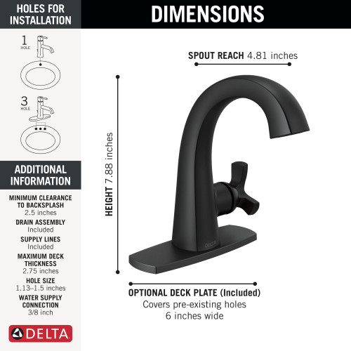 Delta 5776-BLMPU-DST Stryke 6.56-in x 6.00-in x 6.88-in Single Handle Bathroom Faucet, Matte Black