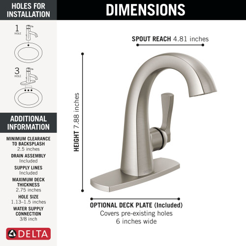 Delta 577-SS-PR-MPU-DST Stryke 6.44-in x 6.00-in x 7.38-in Single Handle Bathroom Faucet, Lumicoat Stainless
