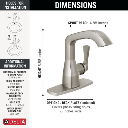 Delta 576-SS-PR-MPU-DST Stryke 6.56-in x 6.00-in x 6.88-in Single Handle Bathroom Faucet, Lumicoat Stainless
