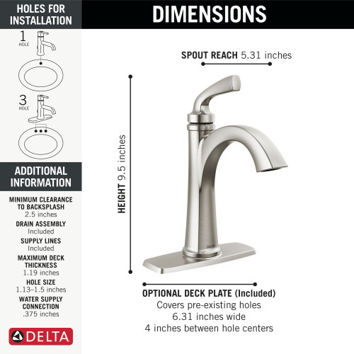 Delta 15864LF-SP Geist 7.25-in x 6.31-in x 9.50-in Single Handle Bathroom Faucet, Spotshield Brushed Nickel