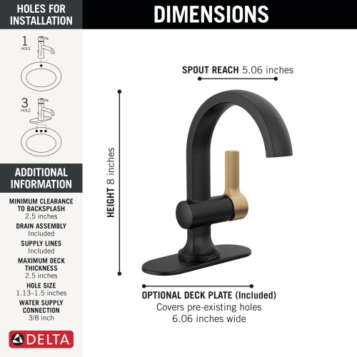 Delta 15855LF-GZ Albion 6.50-in x 6.06-in x 8.00-in Single Handle Bathroom Faucet, Matte Black and Champagne Bronze