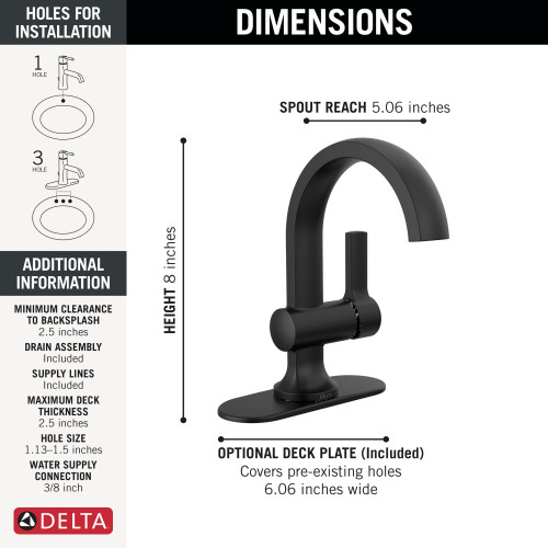 Delta 15855LF-BL Albion 6.50-in x 6.06-in x 8.00-in Single Handle Bathroom Faucet, Matte Black