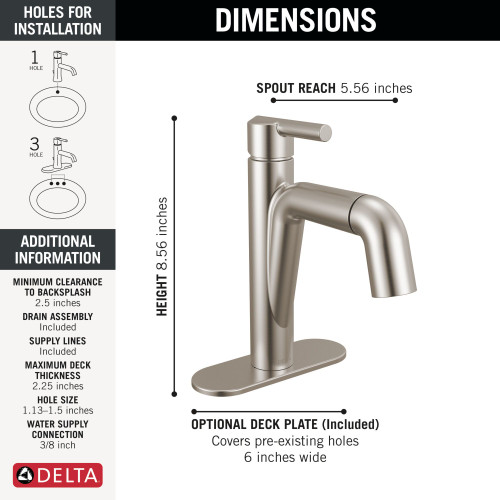 15849LF-SSPD Nicoli 7.31-in x 6.06-in x 8.63-in Single Handle Pull-Down Bathroom Faucet, Stainless