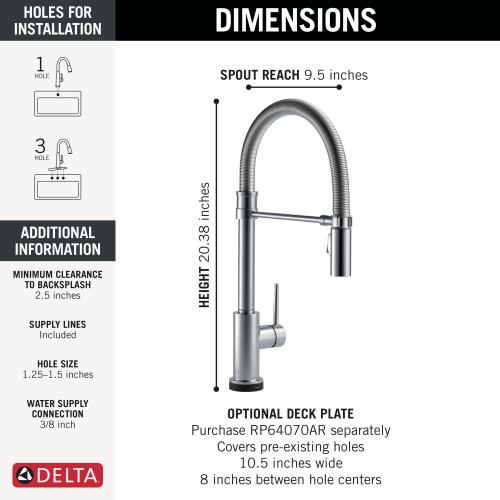 9659TL-AR-DST Trinsic 11.50-in x 4.19-in x 20.44-in Touch2O Kitchen Faucet with Touchless Technology, Arctic Stainless