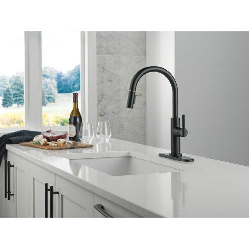 Delta 19867LF-GZ Nicoli 11.06-in x 10.75-in x 17.06-in Single-Handle Pull-Down Kitchen Faucet, Matte Black and Champagne Bronze
