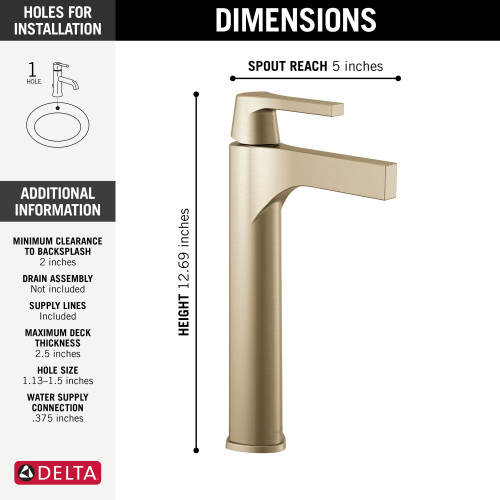 774-CZ-DST Zura Single Handle Vessel Bathroom Faucet, Champagne Bronze