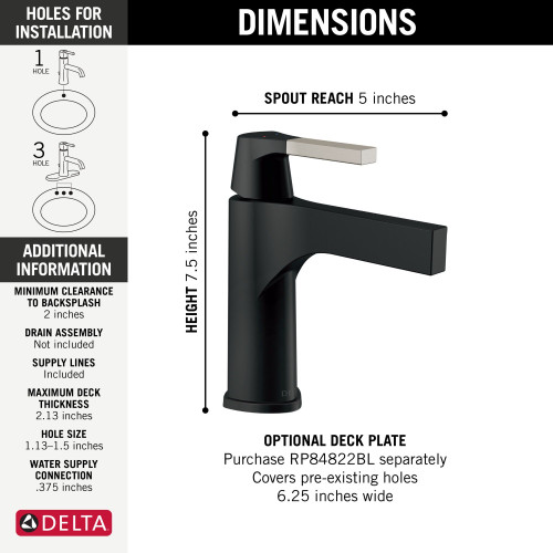 Delta 574-SMLPU-DST Zura Single Handle Bathroom Faucet Less Pop Up, Stainless and Matte Black
