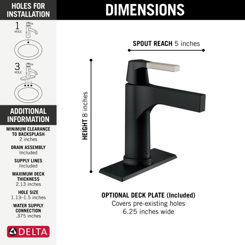 574T-SM-DST Zura Single Handle Bathroom Faucet, Stainless and Matte Black