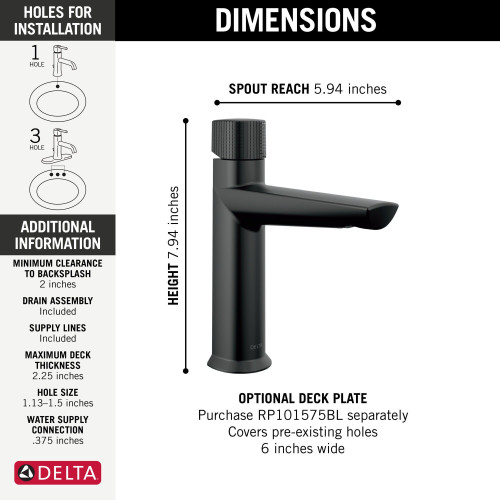Delta 573-BLMPU-DST Galeon Single Handle Bathroom Faucet, Matte Black