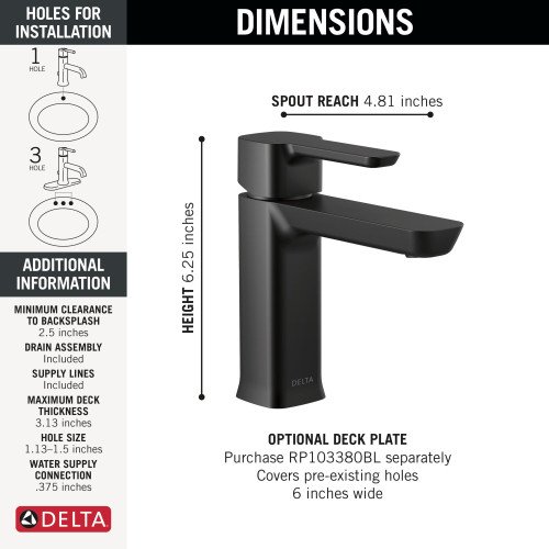 Delta 581LF-BLGPM-PP Modern Single Handle Project Pack Bathroom Faucet, Matte Black