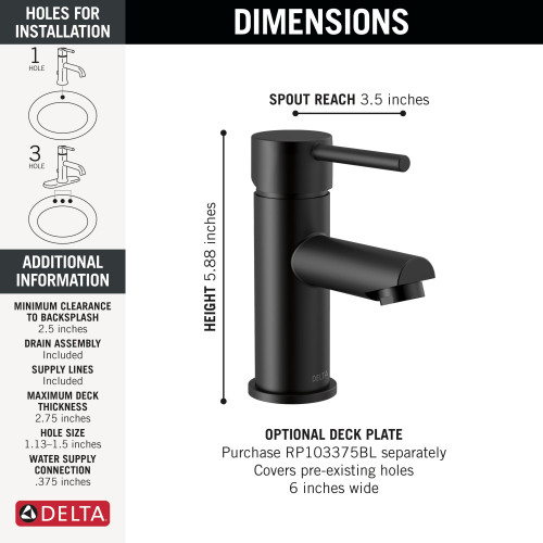 Delta 559LF-BLGPM-PP Modern Single Handle Project Pack Bathroom Faucet, Matte Black