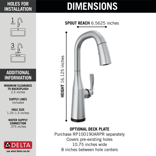 9976T-AR-PR-DST Stryke Single Handle Pull Down Bar or Prep Faucet with Touch 2O Technology, Lumicoat Arctic Stainless