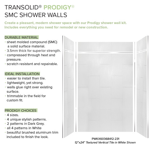 Prodigy PWKX60368412-231 60" x 36" x 96-in Glue to Wall 6-Piece Shower Wall Kit 12" x 24" Vertical Tile, in White