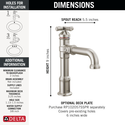 687-SS-PR-DST Broderick 7.13-in x 2.00-in x 9.00-in Single Handle Bathroom Faucet, Lumicoat Stainless