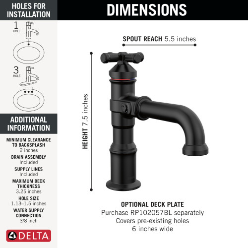 Delta 587-BL-DST Broderick 7.13-in x 2.00-in x 7.50-in Single Handle Bathroom Faucet, Matte Black