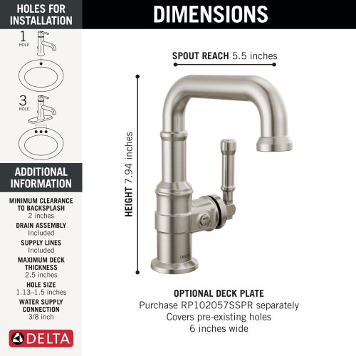 Delta 584SH-SS-PR-DST Broderick 7.13-in x 2.00-in x 7.94-in Single Handle Bathroom Faucet, Lumicoat Stainless