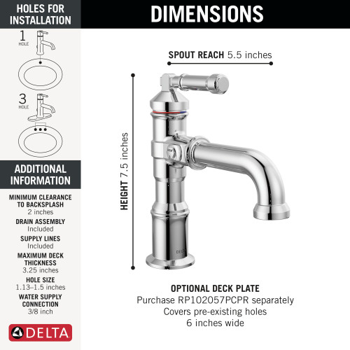 Delta 584-PR-DST Broderick 7.13-in x 2.00-in x 7.56-in Single Handle Bathroom Faucet, Lumicoat Chrome