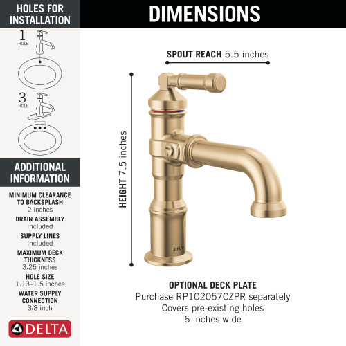 Delta 584-CZ-PR-DST Broderick 7.13-in x 2.00-in x 7.56-in Single Handle Bathroom Faucet, Lumicoat Champagne Bronze