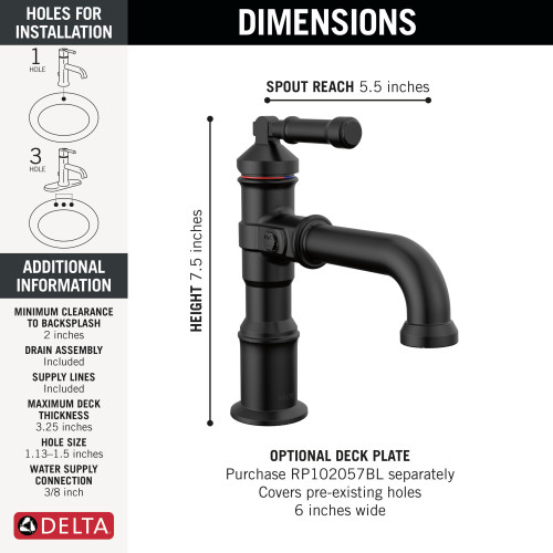 Delta 584-BL-DST Broderick 7.13-in x 2.00-in x 7.56-in Single Handle Bathroom Faucet, Matte Black
