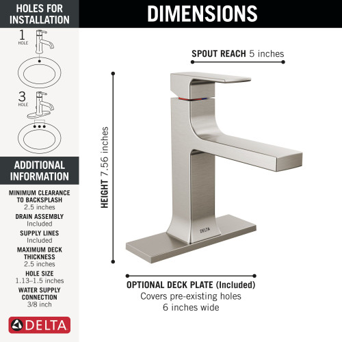 Delta 537-SSMPU-DST Velum 6.50-in x 6.00-in x 7.56-in Single Handle Bathroom Faucet, Stainless