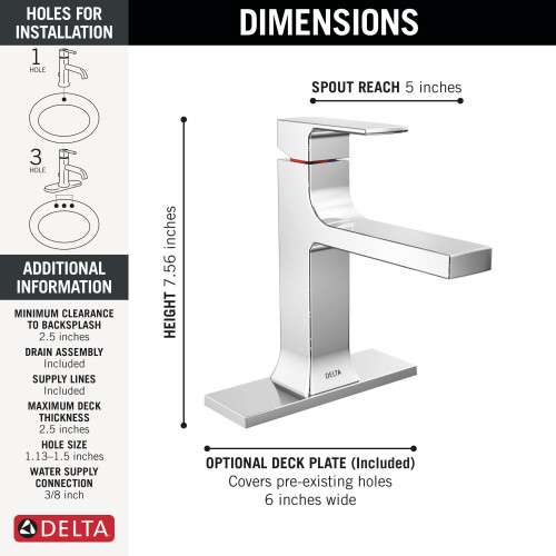 Delta 537-MPU-DST Velum 6.50-in x 6.00-in x 7.56-in Single Handle Bathroom Faucet, Chrome