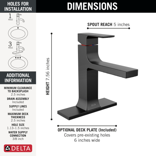 Delta 537-BLMPU-DST Velum 6.50-in x 6.00-in x 7.56-in Single Handle Bathroom Faucet, Matte Black