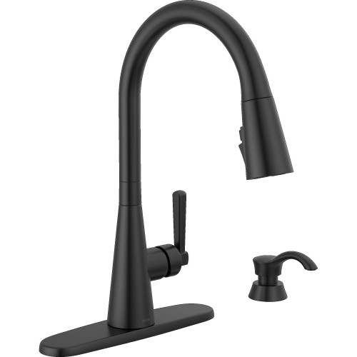 Delta 19893Z-BLSD-DST Boyd 11.63-in x 10.75-in x 16.50-in Single-Handle Pull-Down Kitchen Faucet with Soap Dispenser and Shieldspray Technology, Matte Black