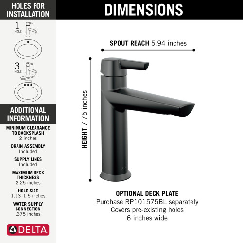 Delta 571-BLMPU-DST Galeon Single Handle Bathroom Faucet, Matte Black