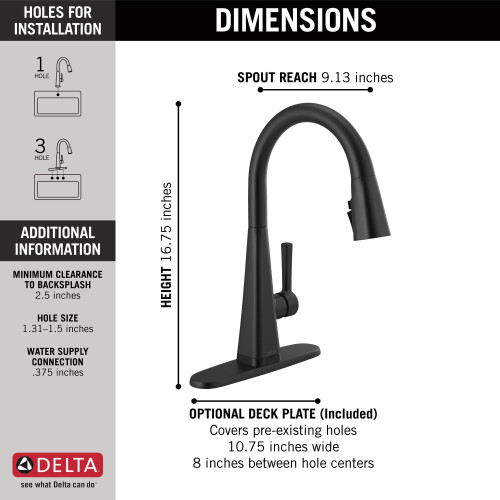 Delta 19802TZ-BL-DST Lenta Single Handle Pull Down Kitchen Faucet with Touch2O Technology, Matte Black