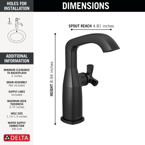 6766-BL-DST Stryke 6.63-in x 4.31-in x 8.94-in Single Handle Mid-Height Bathroom Faucet, Matte Black